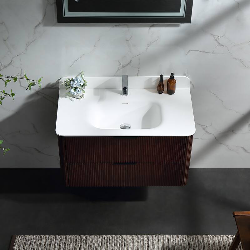 Modland Fluted Floating Vanity with Sink, Plywood Wall Mount Cabinet, Curved Edge, 24/30/36 Inch