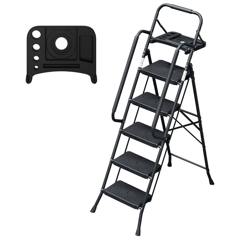 5-Step Folding Ladder with Handrails - Black