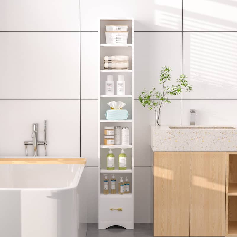 VECELO 70.9 Inches Tall Bathroom Narrow Linen Cabinet, 8 Tiers Solid Wood Freestanding Storage Cabinet