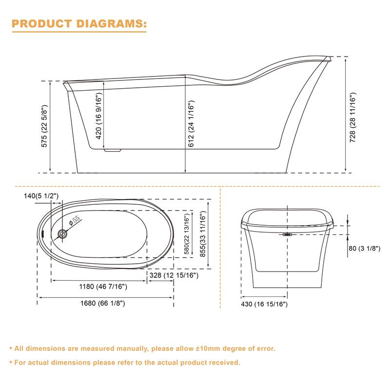 66'' W,63 GALLONS Freestanding Acrylic Soaking Bathtub With Drain And Overflow Holes