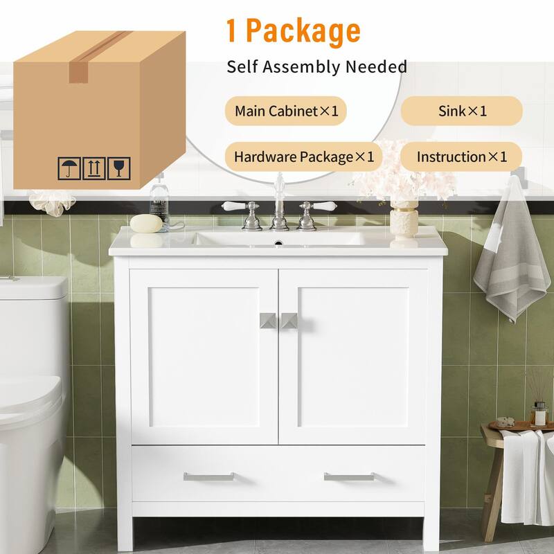 36"/30" Bathroom Vanity with Ceramic Sink, Soft-Close Doors, Double Storage Shelves & Divided Drawer