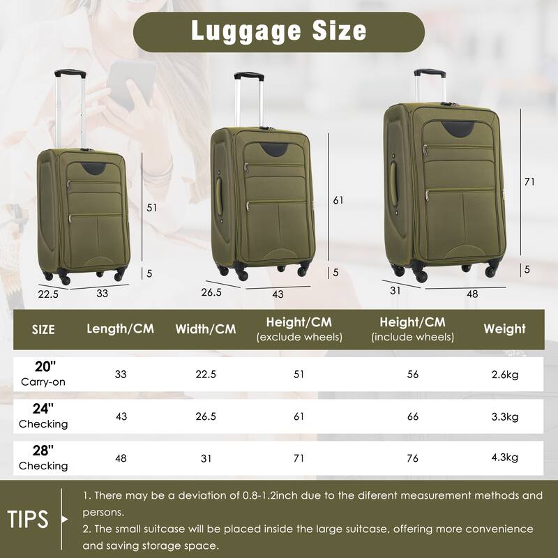 3 Piece ABS Expandable Luggage Sets, Softside Carry on Suitcase with Spinner Wheels and TSA Lock, for Travel