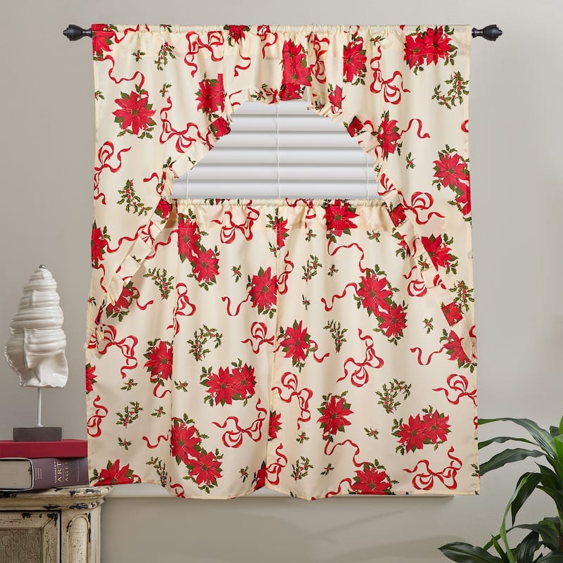 Violet Linen Decorative Christmas Poinsettias 3pc Set 60" x 18" Valance, 30" x 36" Tiers, Decorative Window Kitchen Curtain Set - 1-Valance and 2-36" Tiers - Poinsettias