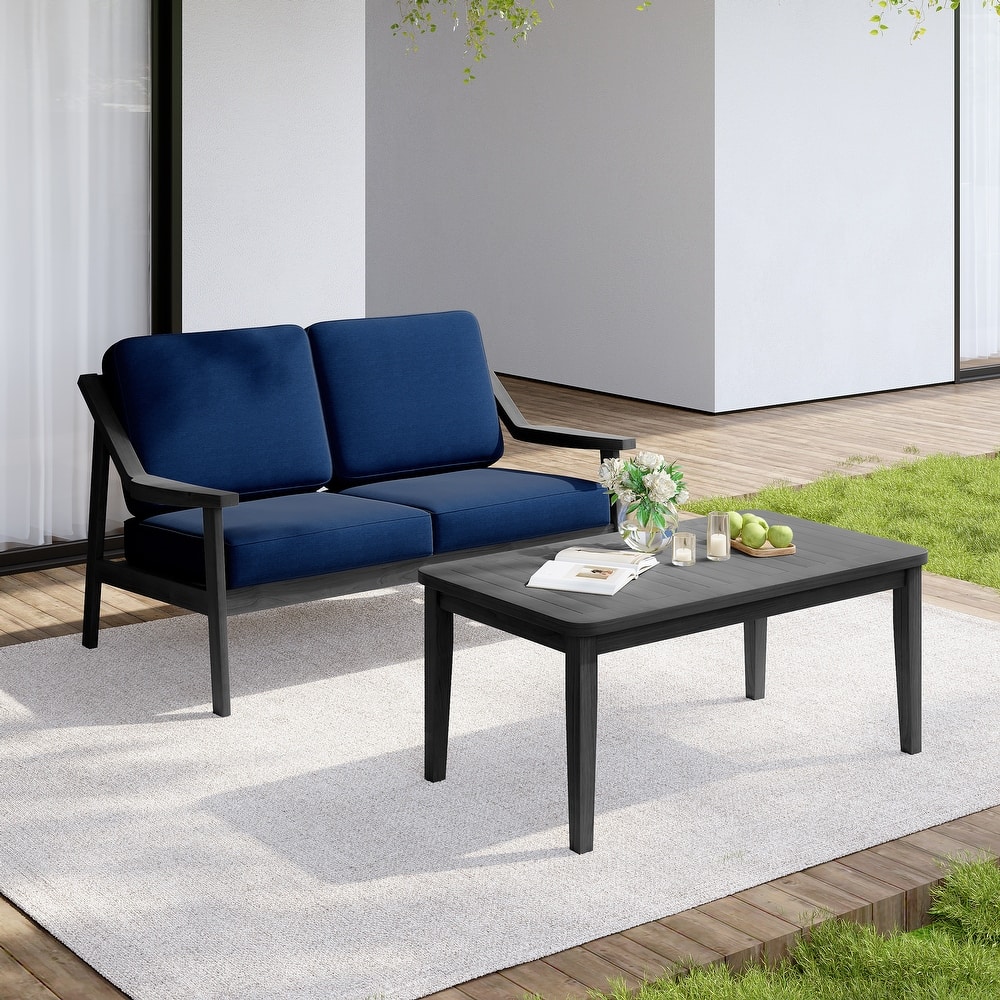 Outdoor Wood Teak Cushioned Patio 2 Seater Loveseat with Coffee Table