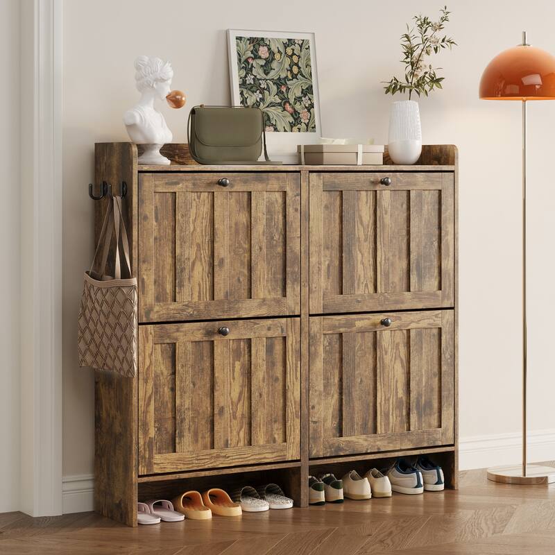 Shoe Cabinet with Flip Drawers, Slim Shoe Storage Cabinet for Entryway, Freestanding Narrow Rack with Open Storage