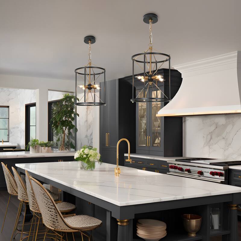 Modern Farmhouse 4Light Black Gold Geometric Chandelier Starburst Cylindrical Pendant Lights