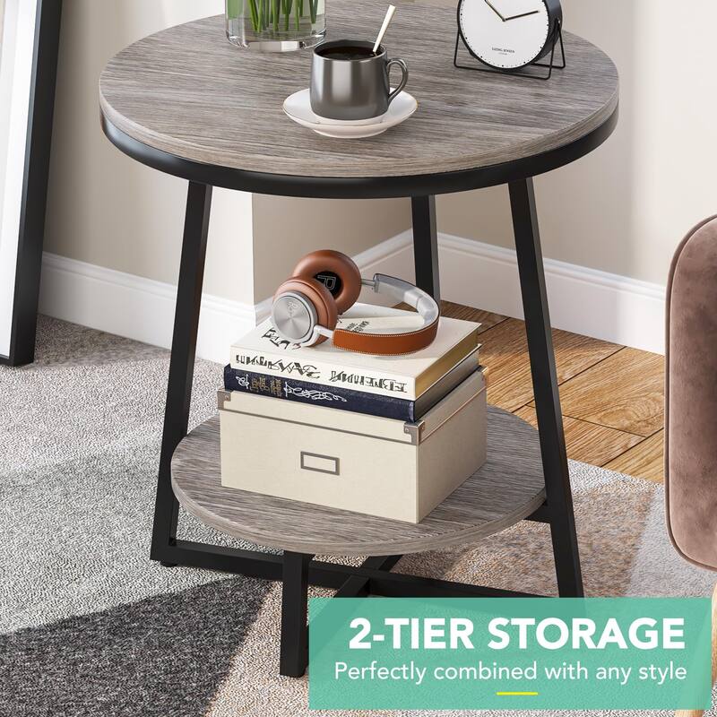 2-tier Rustic Small Round Side End Table for Living Room