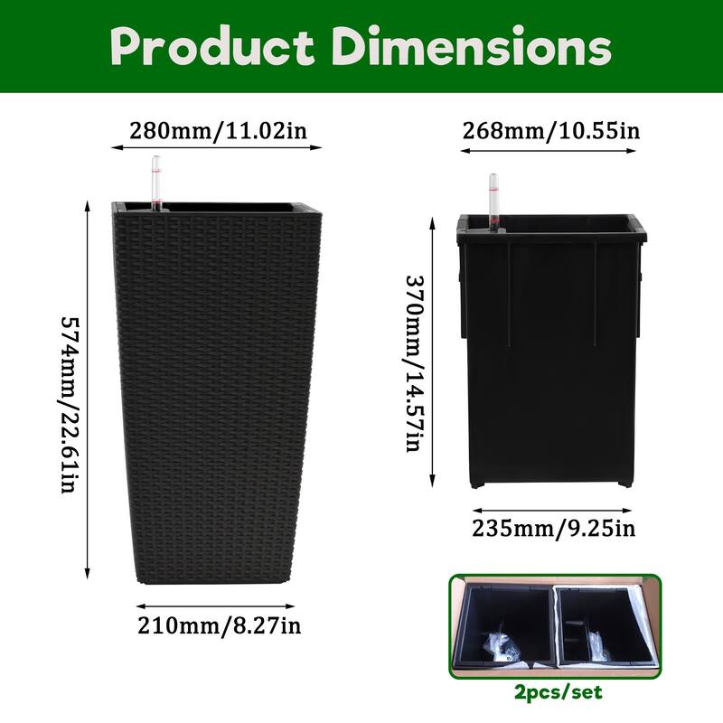 Square Planter for Indoor or Outdoor Use,22-Inch High Faux Rattan Design Flower Pot with Automatic Watering System