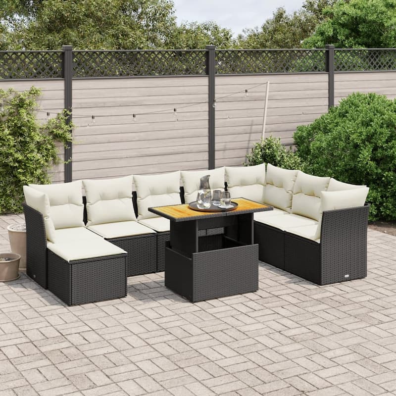 vidaXL Patio Sofa Set with Cushions Outdoor Furniture 9 Piece Poly Rattan - 21.7 x 39.4 x 28.7 in - Black and cream without storage