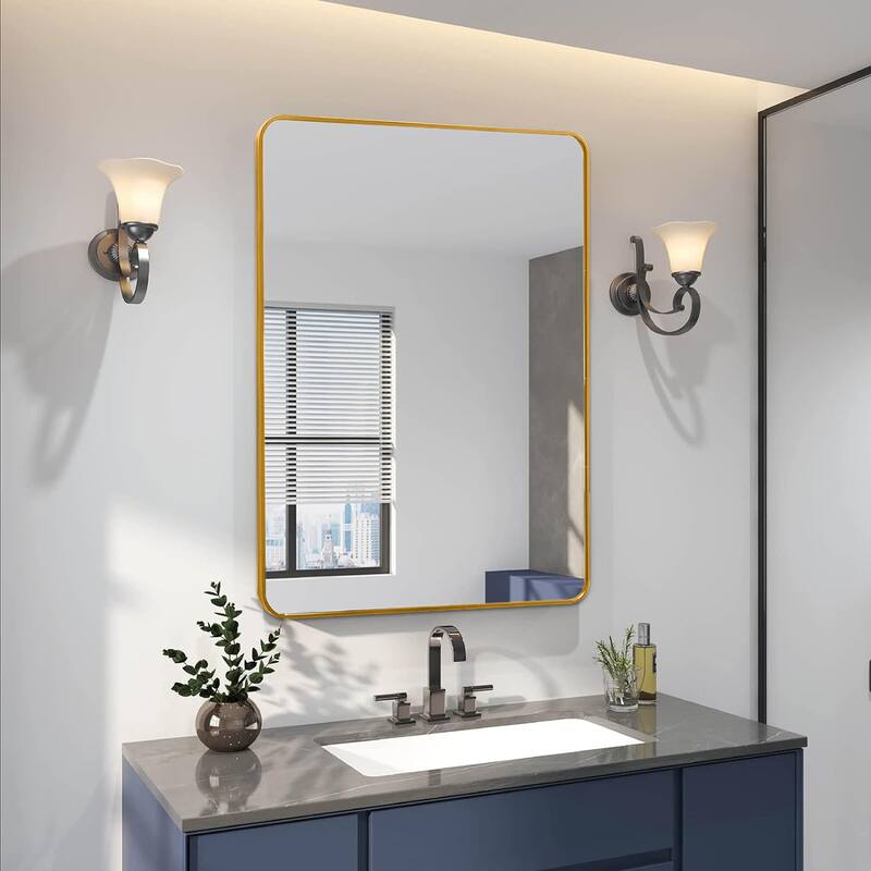 GDFStudio - Montara Contemporary Rectangular Bathroom Vanity Decorative Mirror with Expanded Viewing Area & Metal Frame