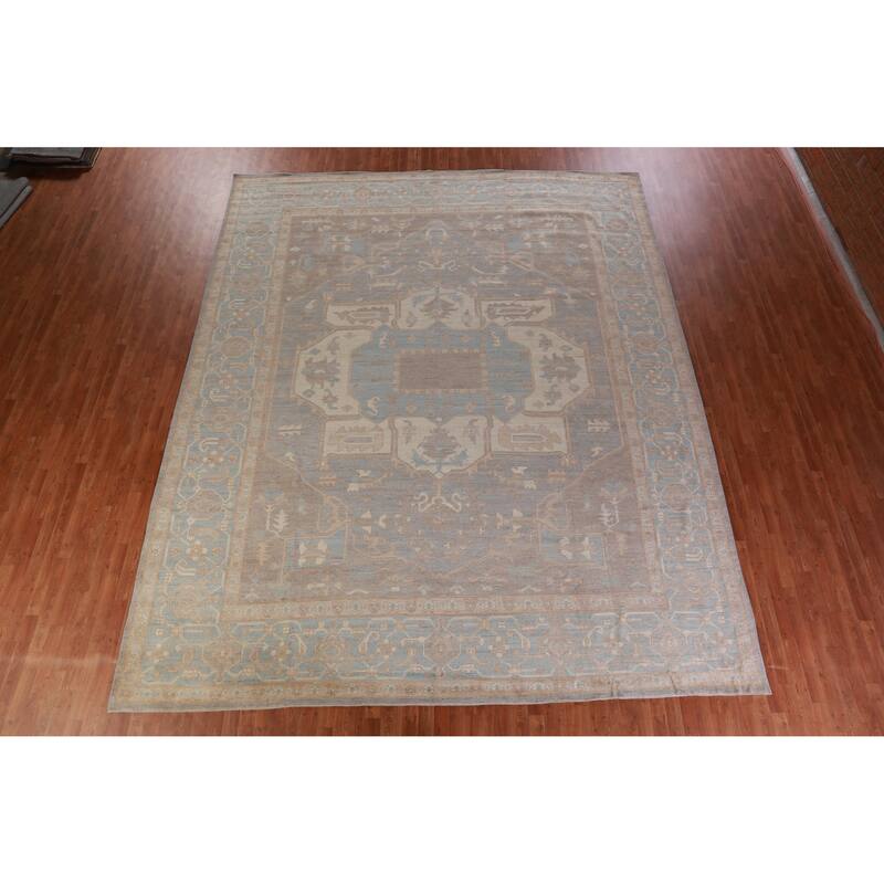 Hand Knotted Oriental 100% Wool Carpet Transitional Medallion Navy Blue & Blues Oushak Area Rug - 14' 8'' X 12' 0''