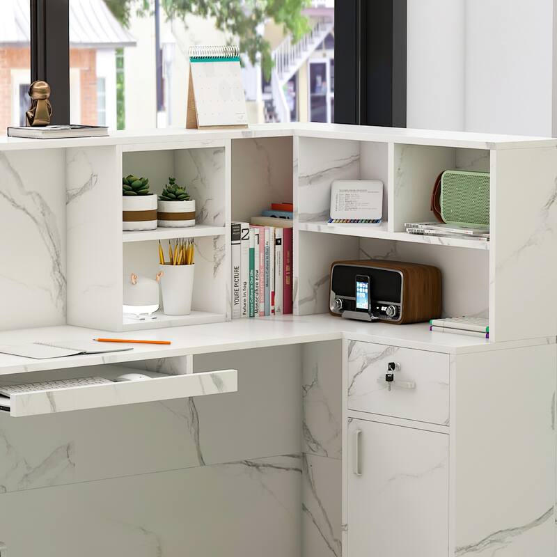 Timechee Reception Desk L-Shaped Counter Shelves Drawers Reception Table
