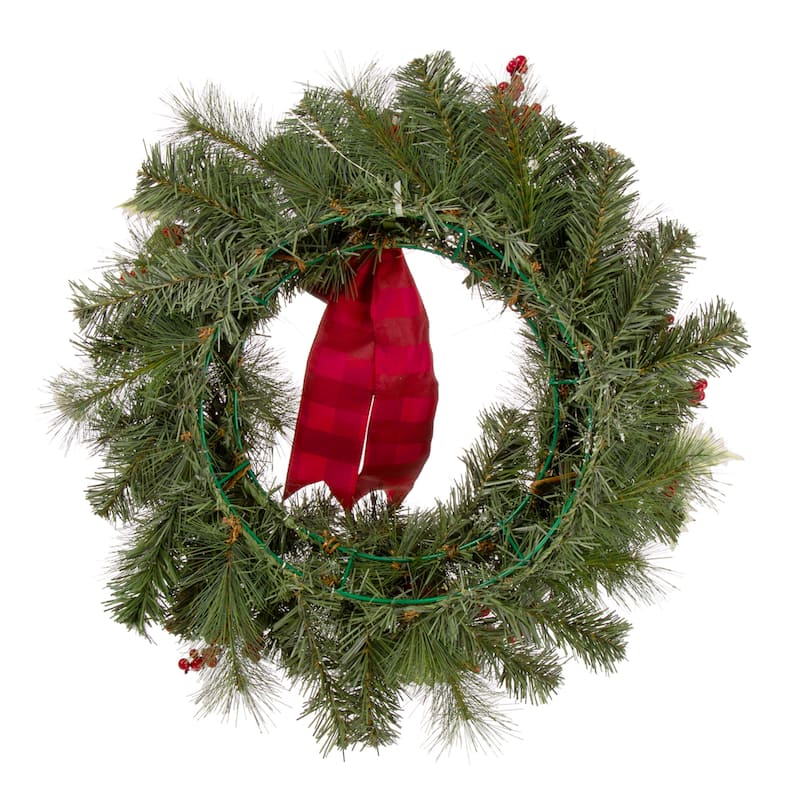 Glitzhome 24"D Snow Berry Twig Ball Pinecone Holly Pine Wreath with Lights & Timer
