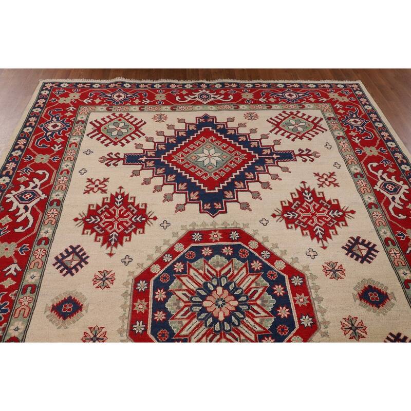 Geometric Kazak Area Rug Hand-Knotted Beige Oriental Wool Carpet - 6'9" x 9'9"