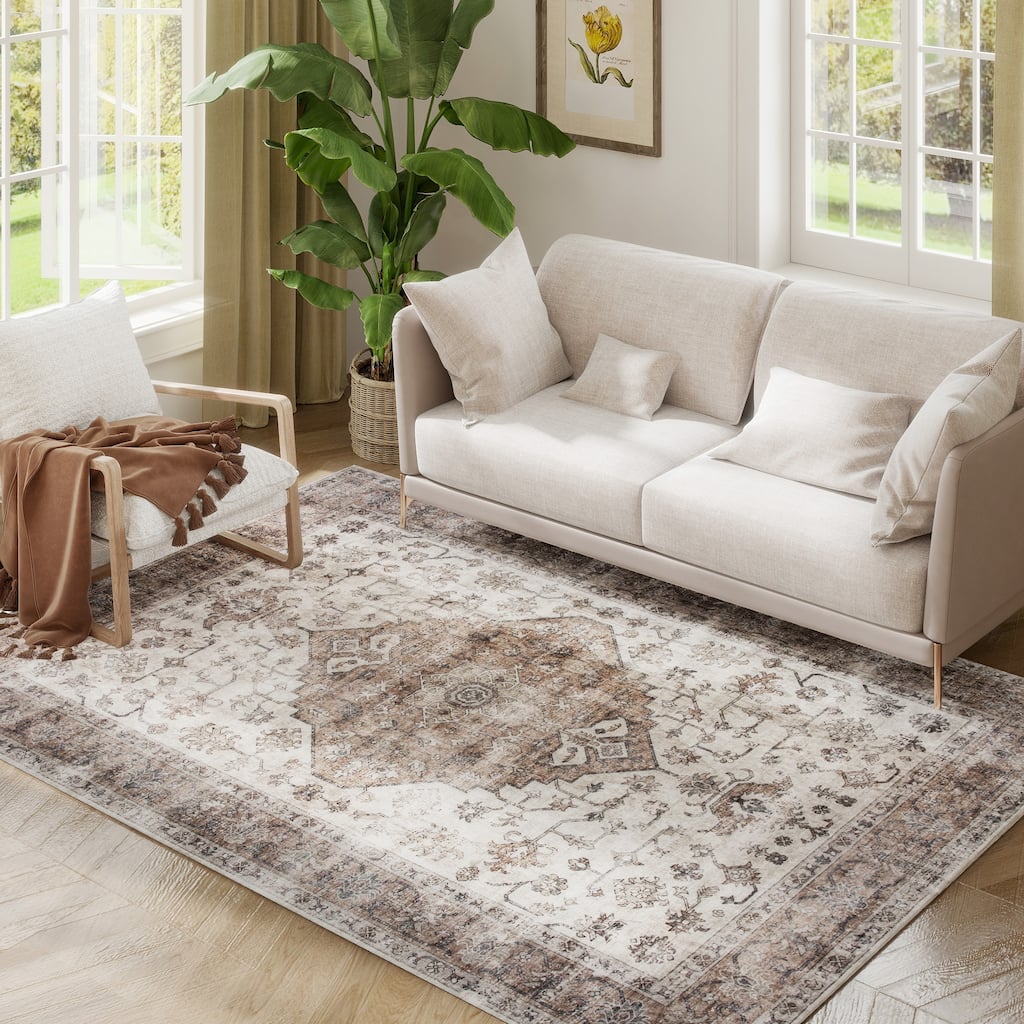 HOMCOM 5x7 Area Rug, Vintage Machine Washable Rug, Non-Slip Floor Carpet for Living Room, Bedroom, Dining Room, Home Office