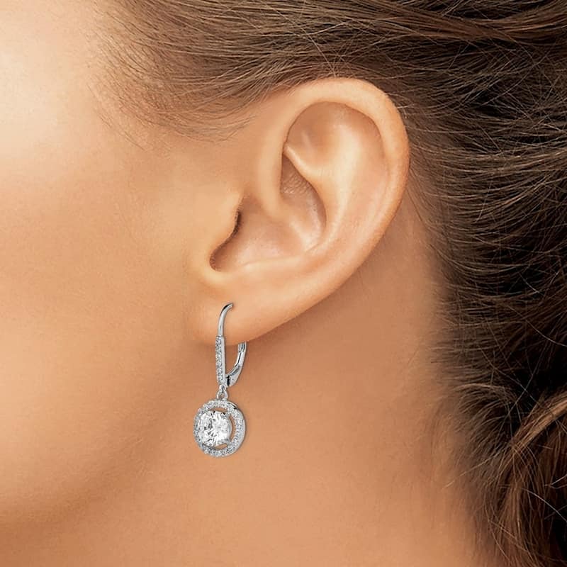Curata 925 Sterling Silver Rhodium Cubic Zirconia Halo Leverback Dangle Earrings - 33x12mm