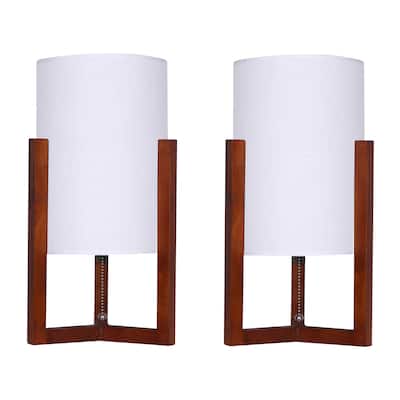 15"Hx7" Diameter Set of Two, Wood Cylinder Tripod Table Lamps, Rich Cherry and White Coloring, Crafted with Wood and
