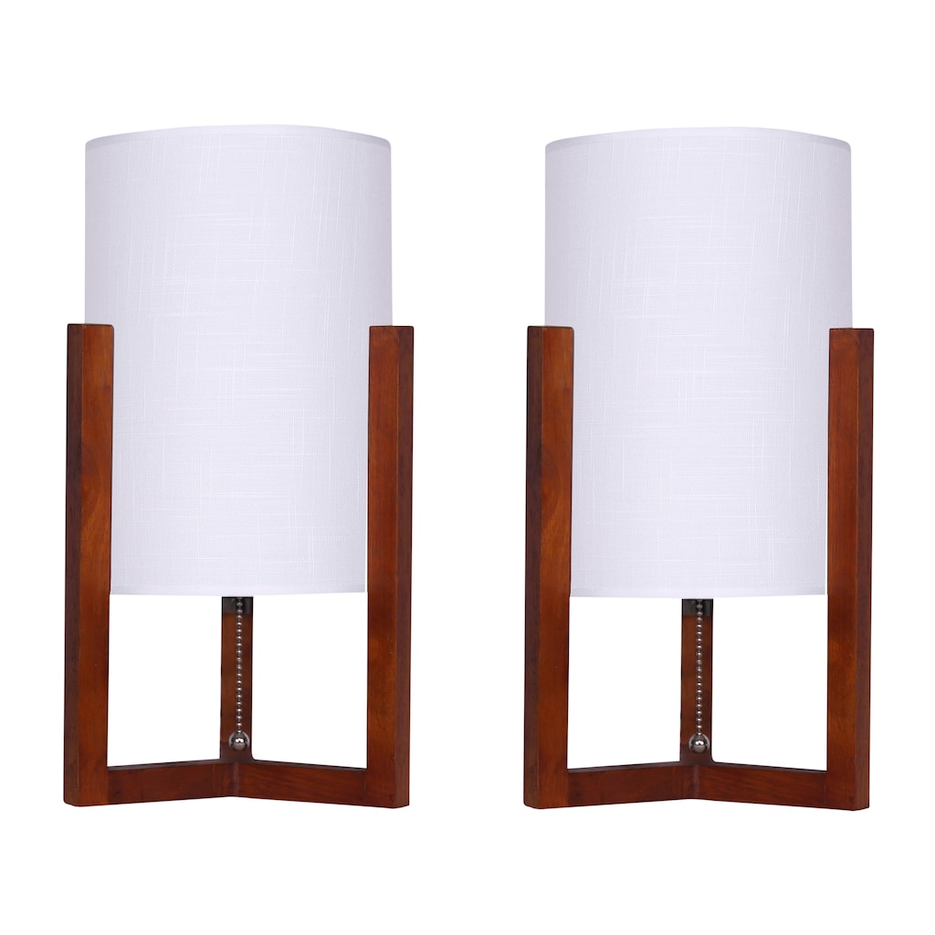 15"Hx7" Diameter Set of Two, Wood Cylinder Tripod Table Lamps, Rich Cherry and White Coloring, Crafted with Wood and