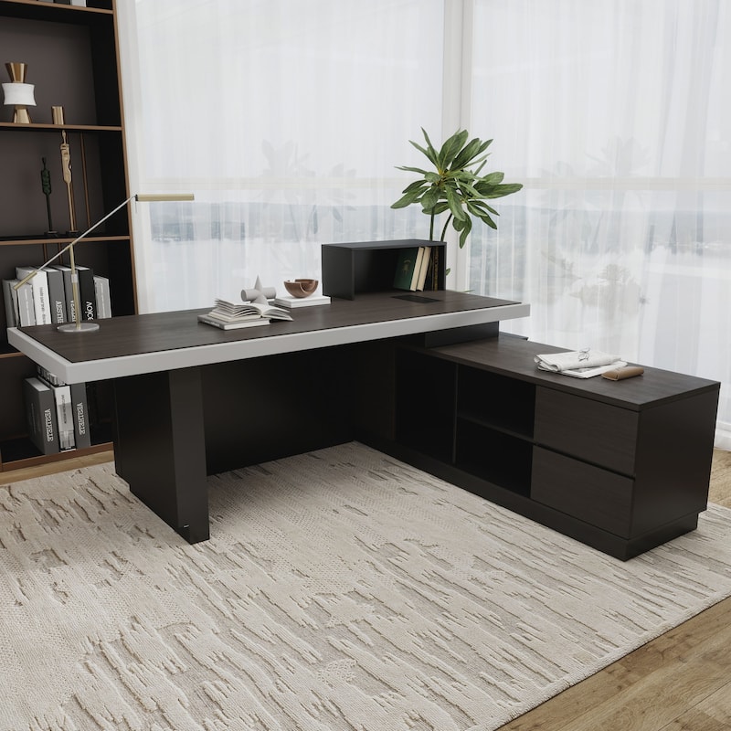 WESOME L Shaped Executive Desk with Cable Box Socket and LED Light for Home Office - 94" - Black Right Return