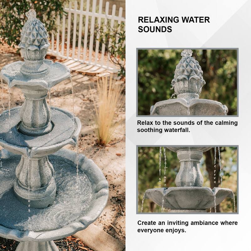 XBrand 3-Tier Water Fountain w/Pump & Pineapple Top, 51 Inch Tall, Large Outdoor Freestanding Waterfall Decor for Porch