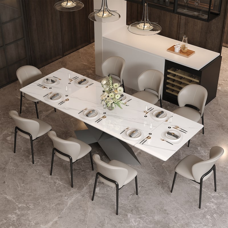 63-95"Extendable Modern Dining Table for 4-10, White Glossy Sintered Stone Tabletop, black X-Shaped Steel Legs - 94.5