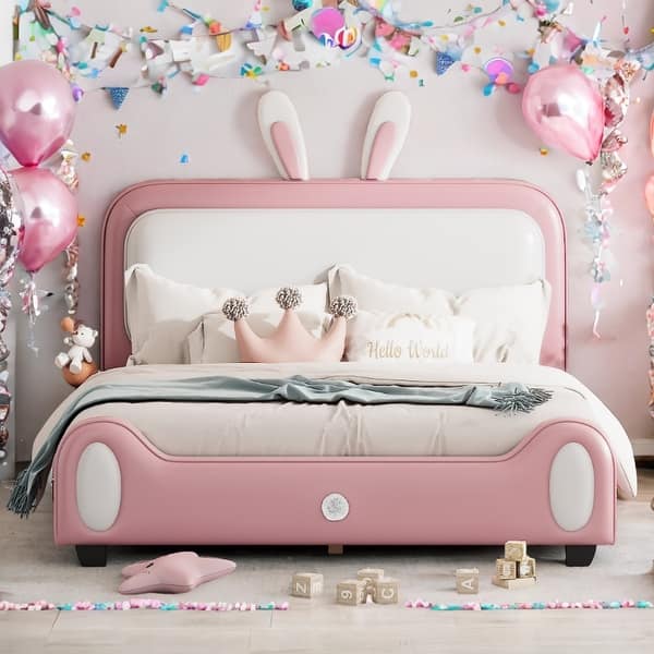 slide 2 of 3, Full Rabbit-Shape Princess Bed, White+Pink Pink