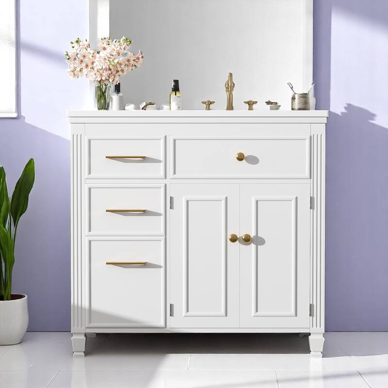 Modern 36 Inch Bathroom Vanity with Right-Side Sink, Storage Drawers, Adjustable Shelf, Painted MDF Finish - White