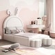 preview thumbnail 3 of 42, Velvet Upholstered Rabbit-Shape Princess Bed, Cute Platform Bed w2 Storage Stools & Headboard & Footboard for Kids
