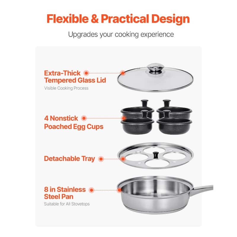 Silver Stainless Steel Egg Poacher Pan with 4 Cups and Glass Lid - 14.69 x 8.86 x 4.33 in