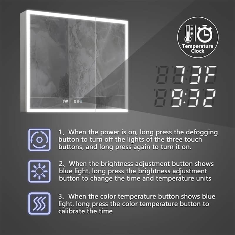 ExBrite 36" W x 30" H Led Lighted Medicine Cabinet Recessed or Surface with Clock - 36" x 30"