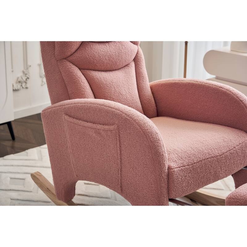 Cotton Linen Fabric Nursery Rocking Chair With Adjustable Footrest - Pink