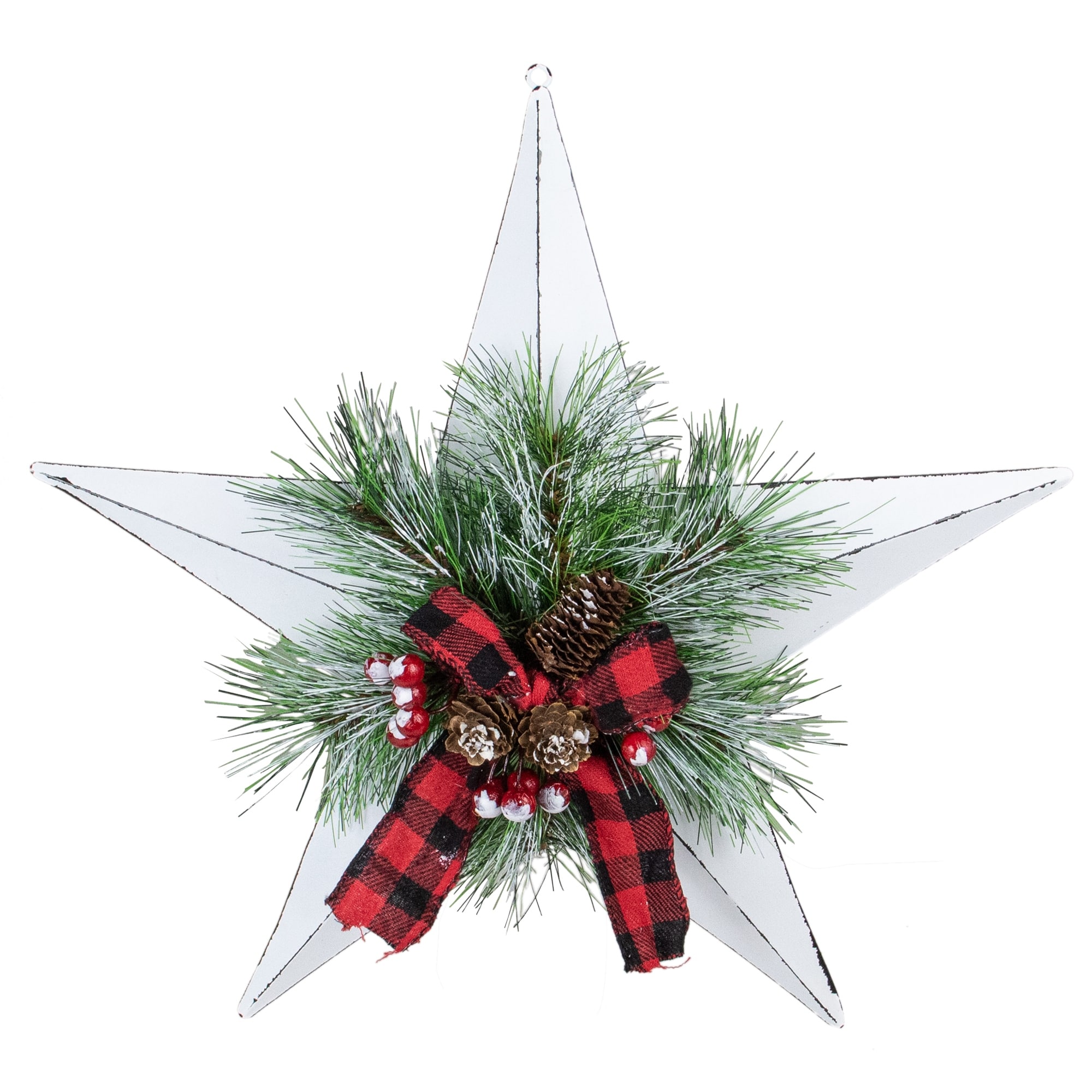 17" White 5 point Christmas Star With Plaid Ribbon with Artificial Pine