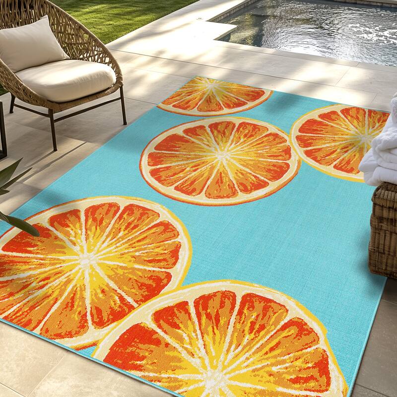 Gertmenian Ziesta Modern Bold Fruit Floral Multicolored UV Protected Polypropylene Flatweave Indoor/ Outdoor Area Rug Collection - 6'6"x9'6" - Squeeze Teal