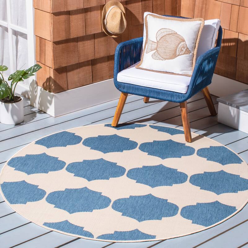 SAFAVIEH Courtyard Abeda Indoor/ Outdoor Waterproof Patio Backyard Rug - 5'3" Round - Beige/Blue