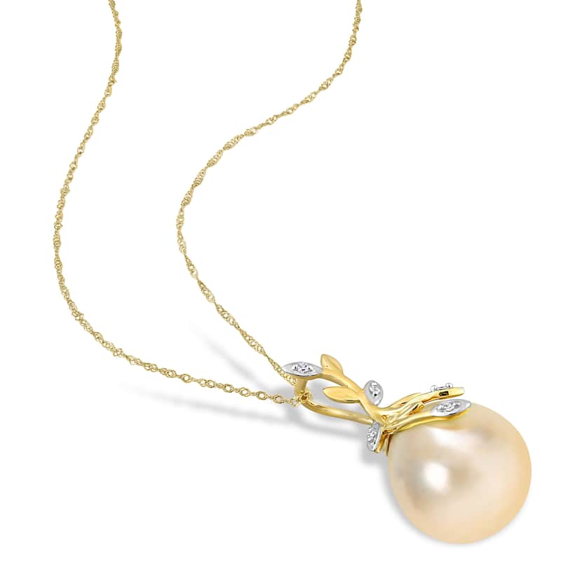 Miadora Golden South Sea Cultured Pearl & Diamond Accent Leaf Pendant in 14k Yellow Gold (12-12.5mm)
