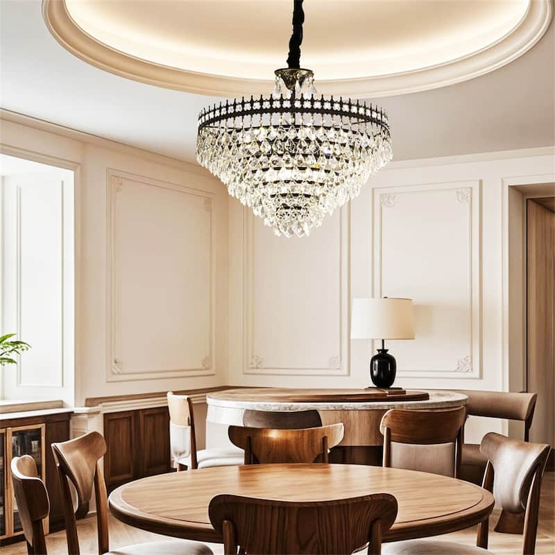 30/60CM Round Crystal Light Fixture with 3 Color Black Gold Crown Design Chandelier for Entryway, Living Room, Bedroom