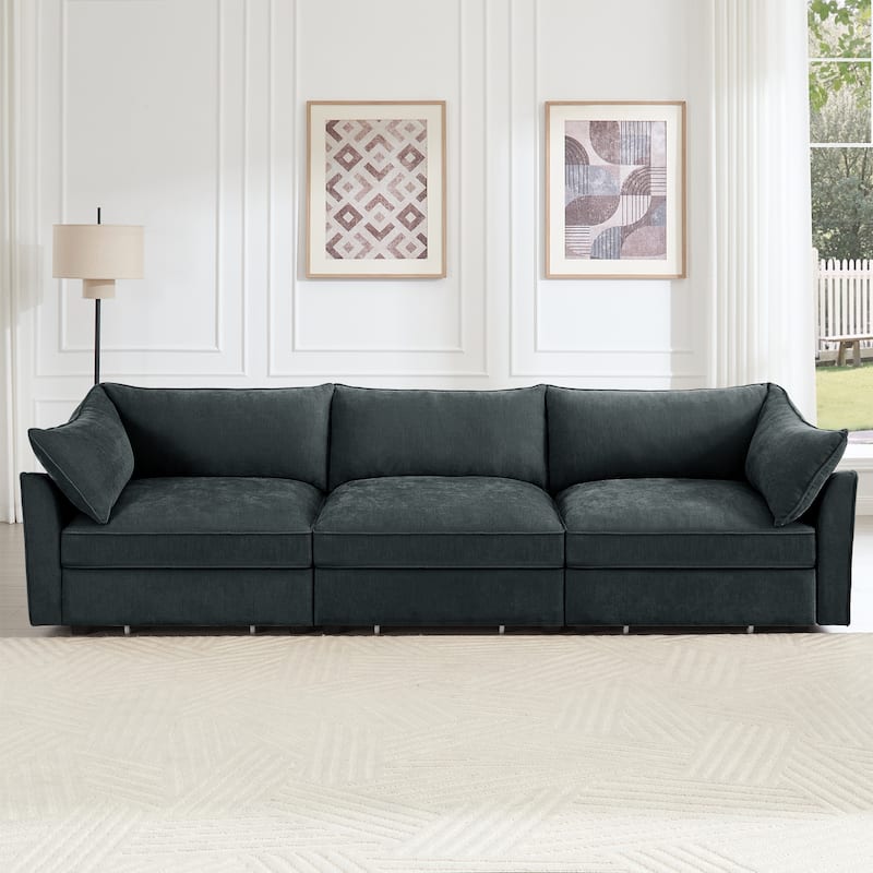 Rossetta 3-Seater Crescent Armrests Sofa with Pull-Out Storage Drawers and Wraparound Cushions in Classic Color Chenille - Gray