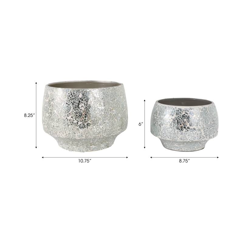Metal Planters Mirrored Mosaic Surface Modern Accent Home (Set of 2)