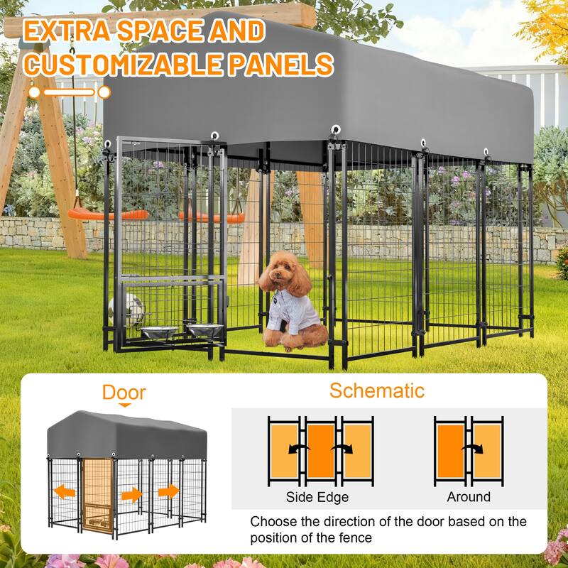 GDFStudio - Large Outdoor Heavy Duty Metal Dog Kennel with Roof, UV-Resistant Waterproof Cover, Double Lock & Rotating Feeder
