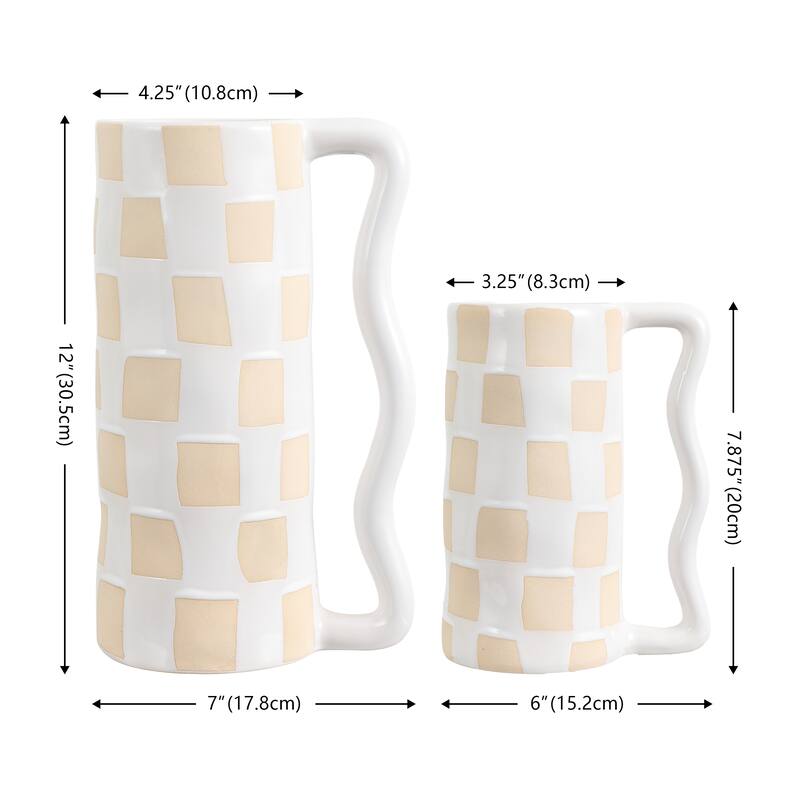 SAFAVIEH Home Anika White/Beige Ceramic Checkered Wavy Handle Vase Set of 2