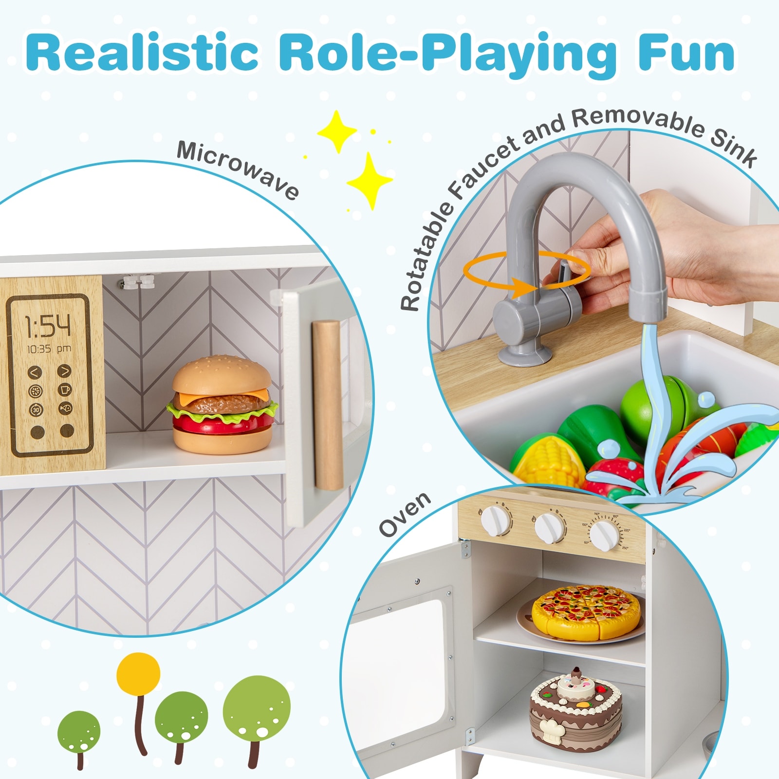 Wooden Kitchen Toy Set with Stove, Sink and Cooking Accessories