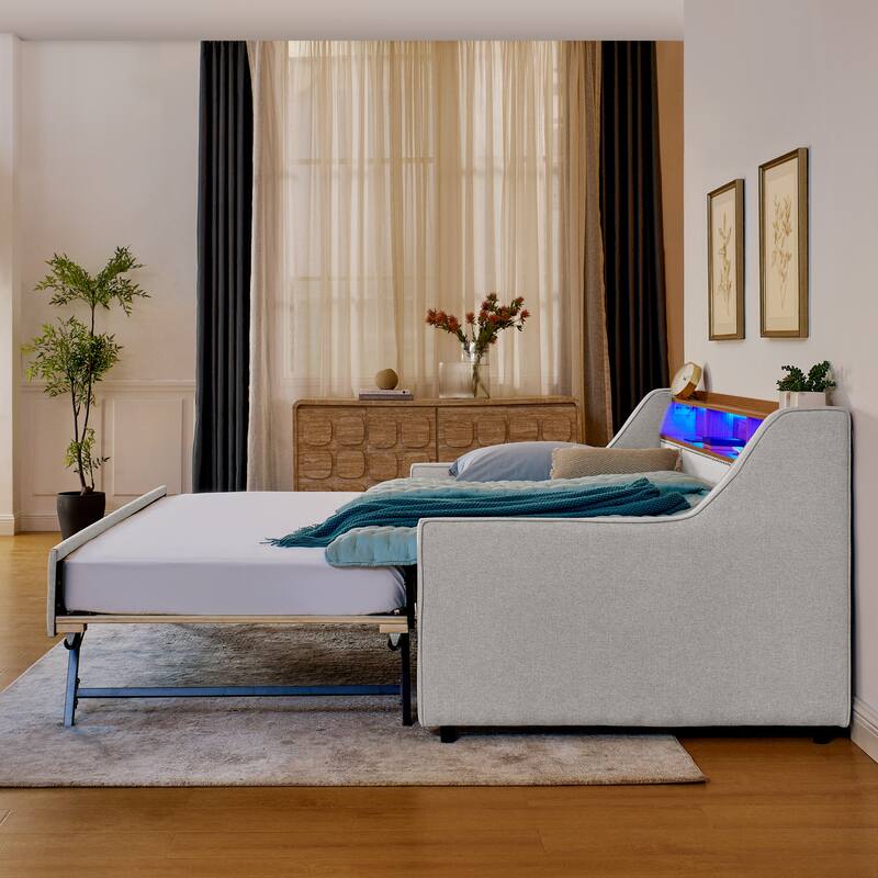 Roomfitters Twin Upholstered Daybed with LED Headboard Storage, Foldable-Leg Trundle & Wireless Charging