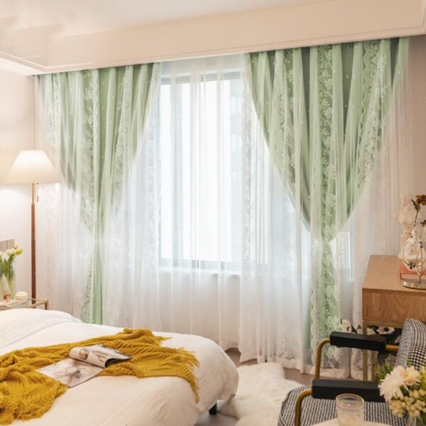 Double Layer Lace Fabric Shading Curtains, Blackout Perforated