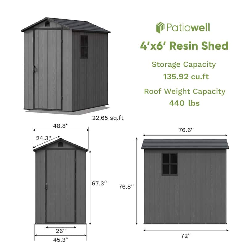 Patiowell 4' x 4' & 4' x 6' & 4' x 8' Plastic Outdoor Storage Shed, Resin Shed with Floor and Window for Patio Furniture,Tools