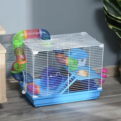 Blue-White 2-Tier Small Pet Cage with House, Ladder and Play Accessories - 18" L x 11.75" W x 14.5" H