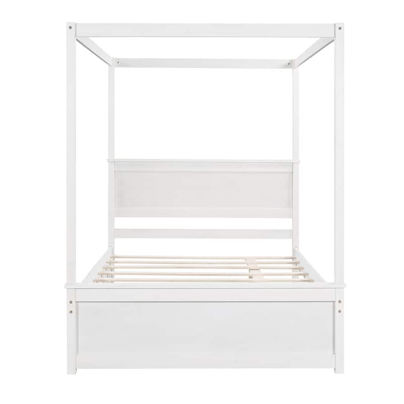 Brushed White Platform Bed Full Size Canopy Bed with Trundle, Four Poster Bed Trundle Bed with Headboard and Support Slats