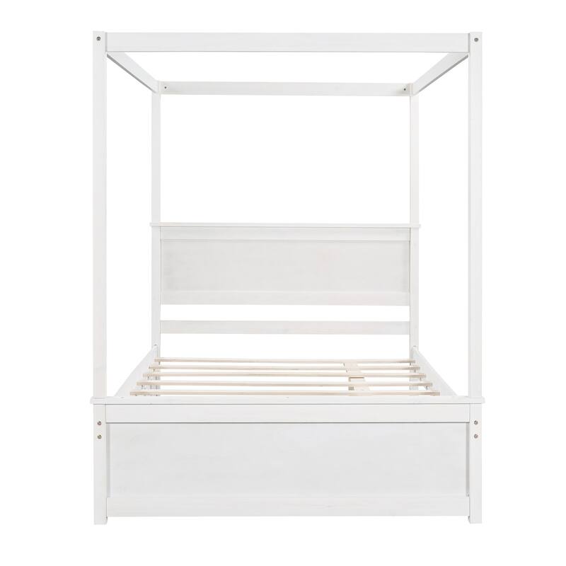 Full Size Wood Canopy Platform Bed with Trundle, Brushed White Finish, No Box Spring Needed