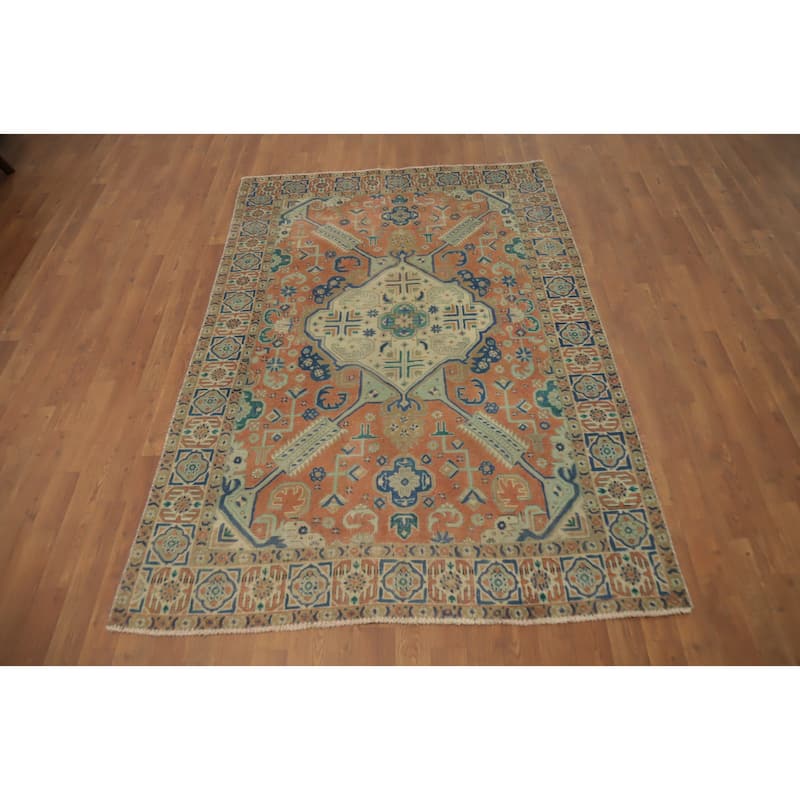 Hand Knotted Oriental 100% Wool Carpet Traditional Medallion Oranges & Rust Tabriz Area Rug - 6' 6'' X 4' 6''