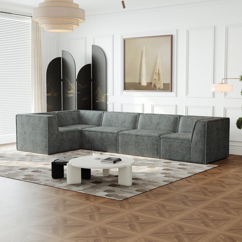 L Shape Sectional Sofa 5pc Loveseat Sofa Chenille Modular Sleep Couch Bed for Livingroom Recliner Sofa Floor Upholstered Daybed