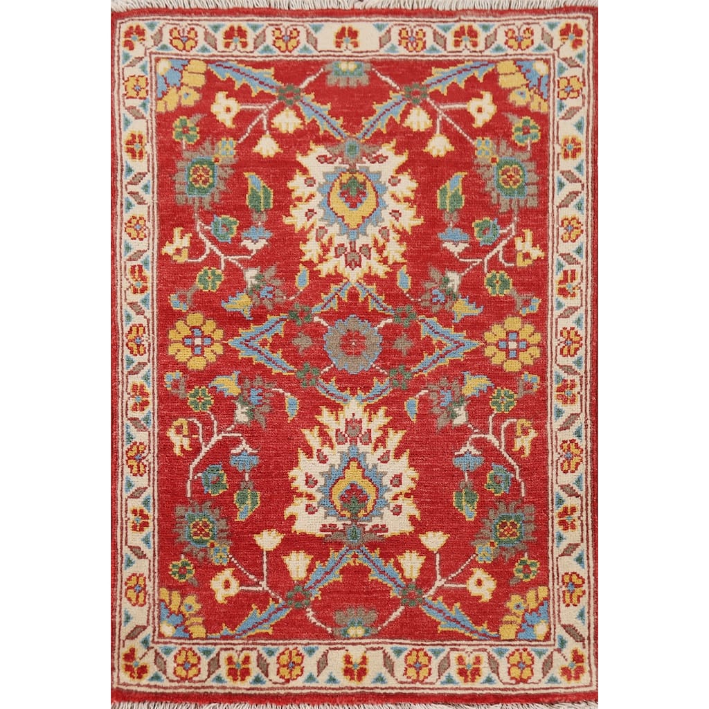 Floral Red Kazak Oriental Foyer Rug Handmade Wool Carpet - 2'0" x 2'11"